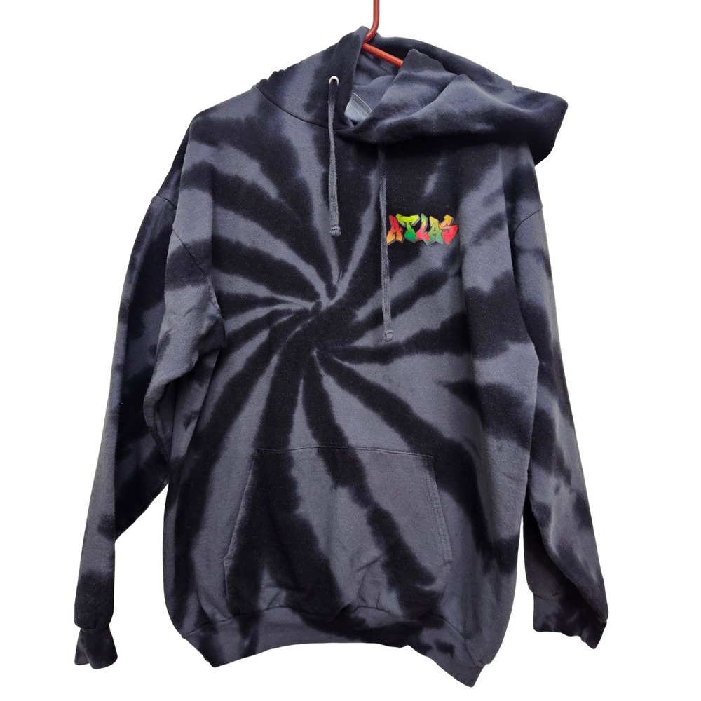 Port & Company Hoodie L Black Tie Dye Atlas Graffiti Skater Streetwear Pullover
